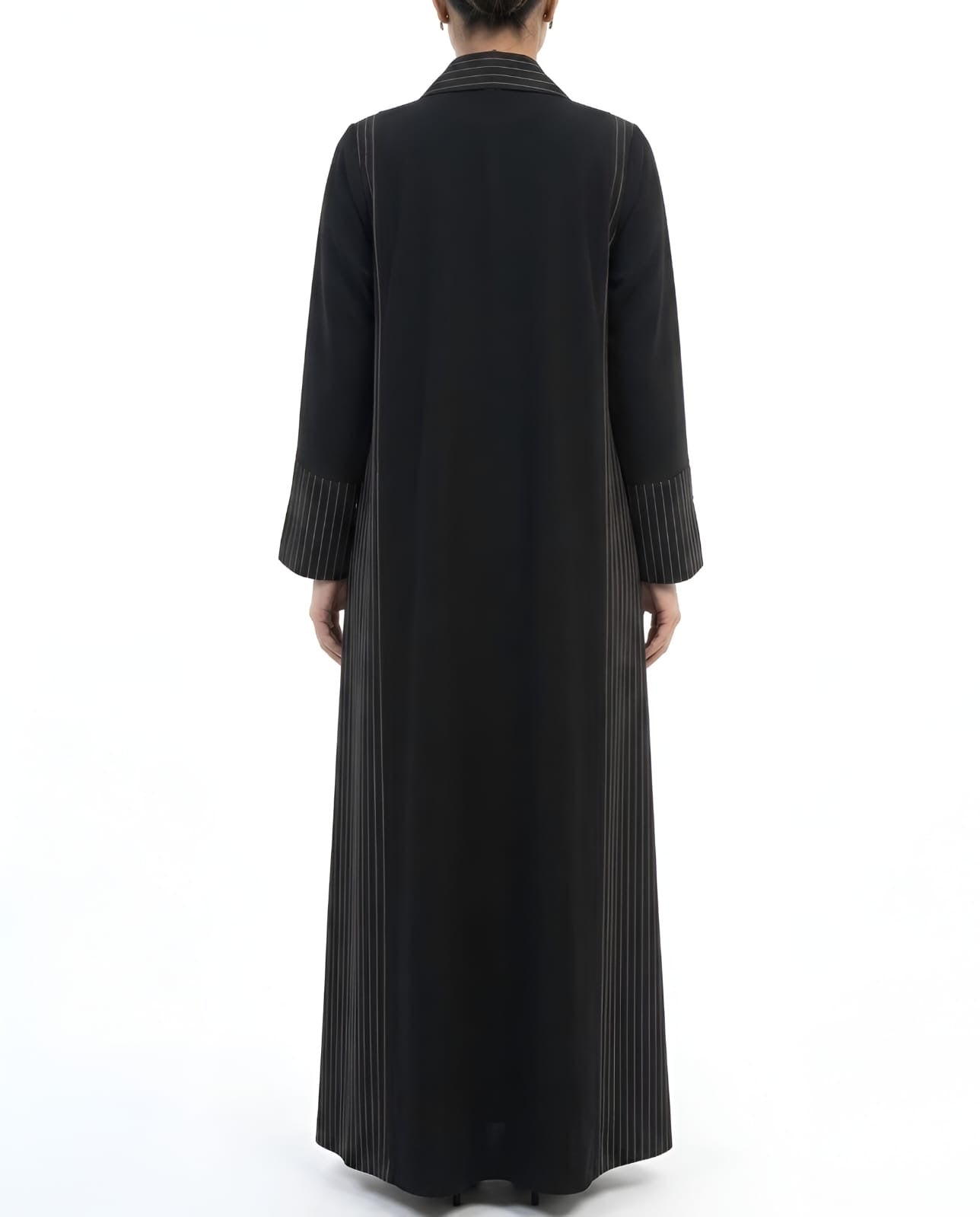Rimsha – Black Korean Nada Tailored Collar Striped Abaya | MANHAS