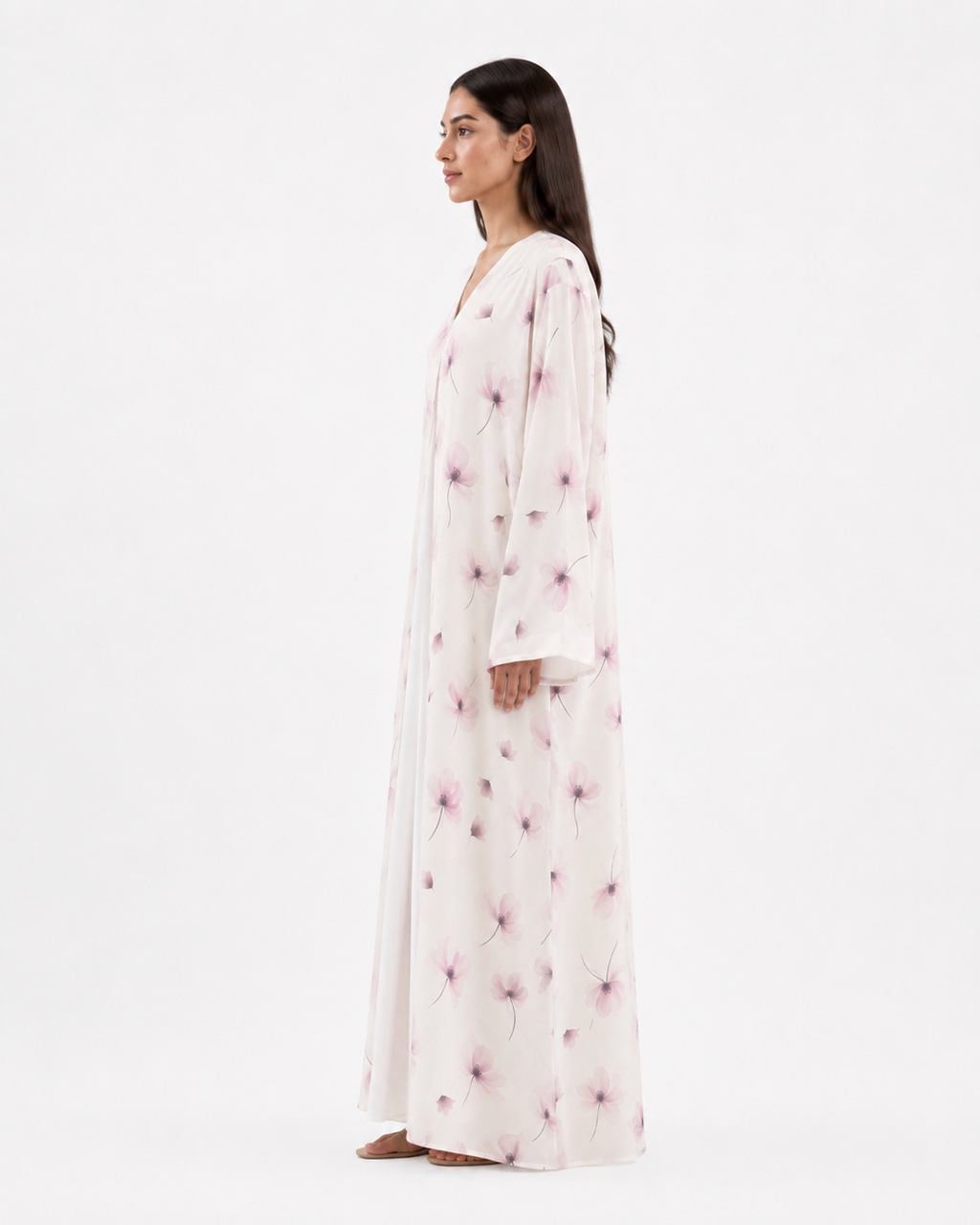 Celia – Off White Blush Floral Printed Chiffon Open Front Abaya | MANHAS