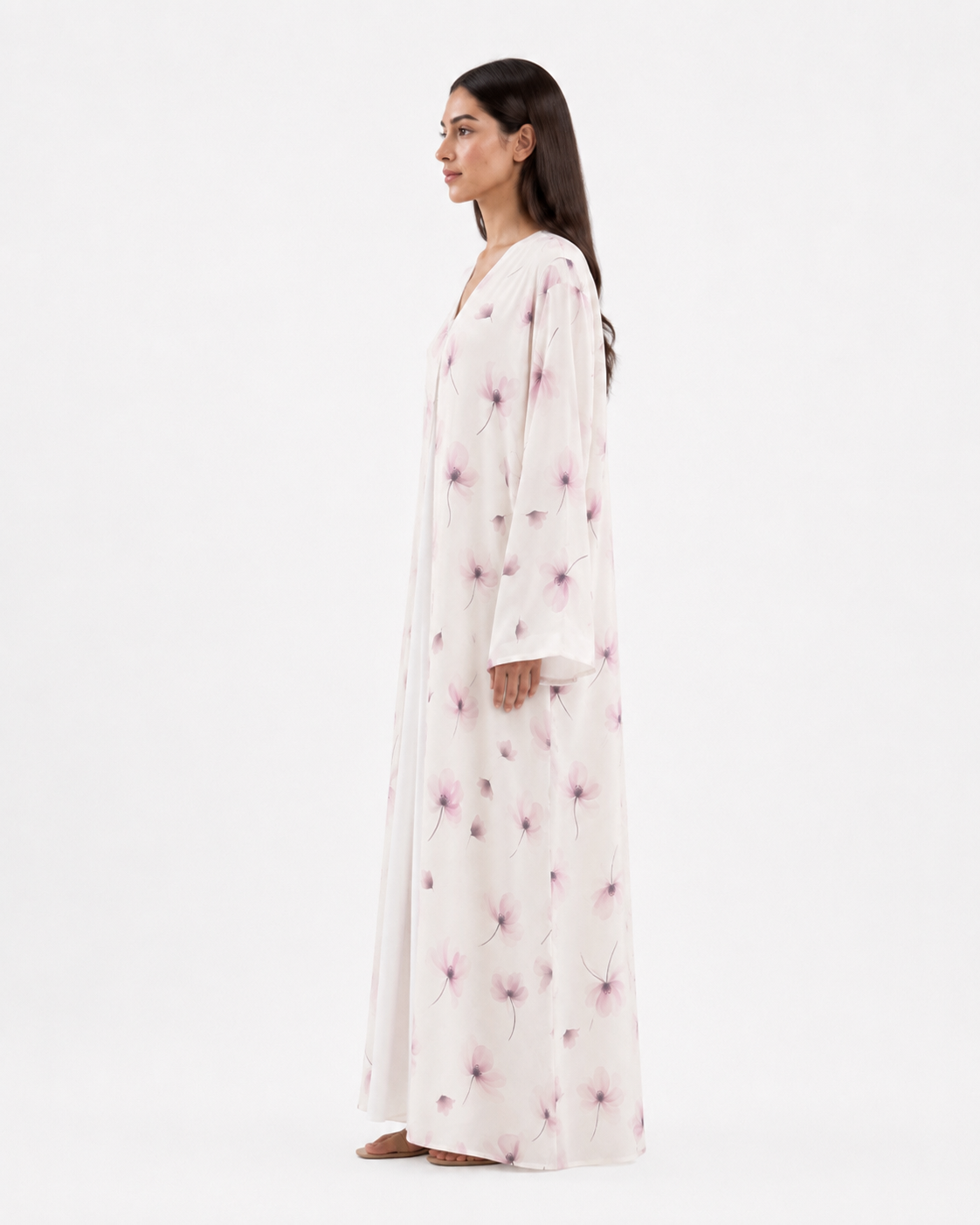 Celia – Off White Blush Floral Printed Chiffon Open Front Abaya | MANHAS