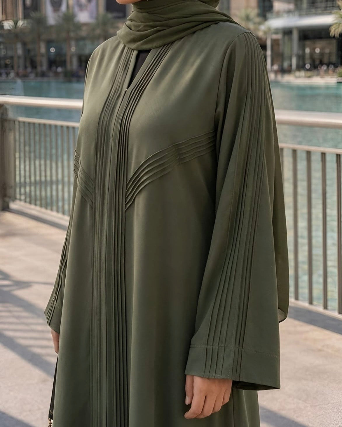 Areej – Olive Green Linen Crepe Straight Cut Abaya | MANHAS