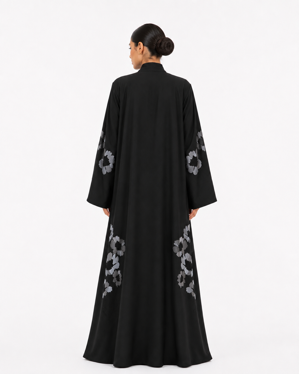 Wiam – Black Matte Satin Floral Embroidered Abaya | MANHAS