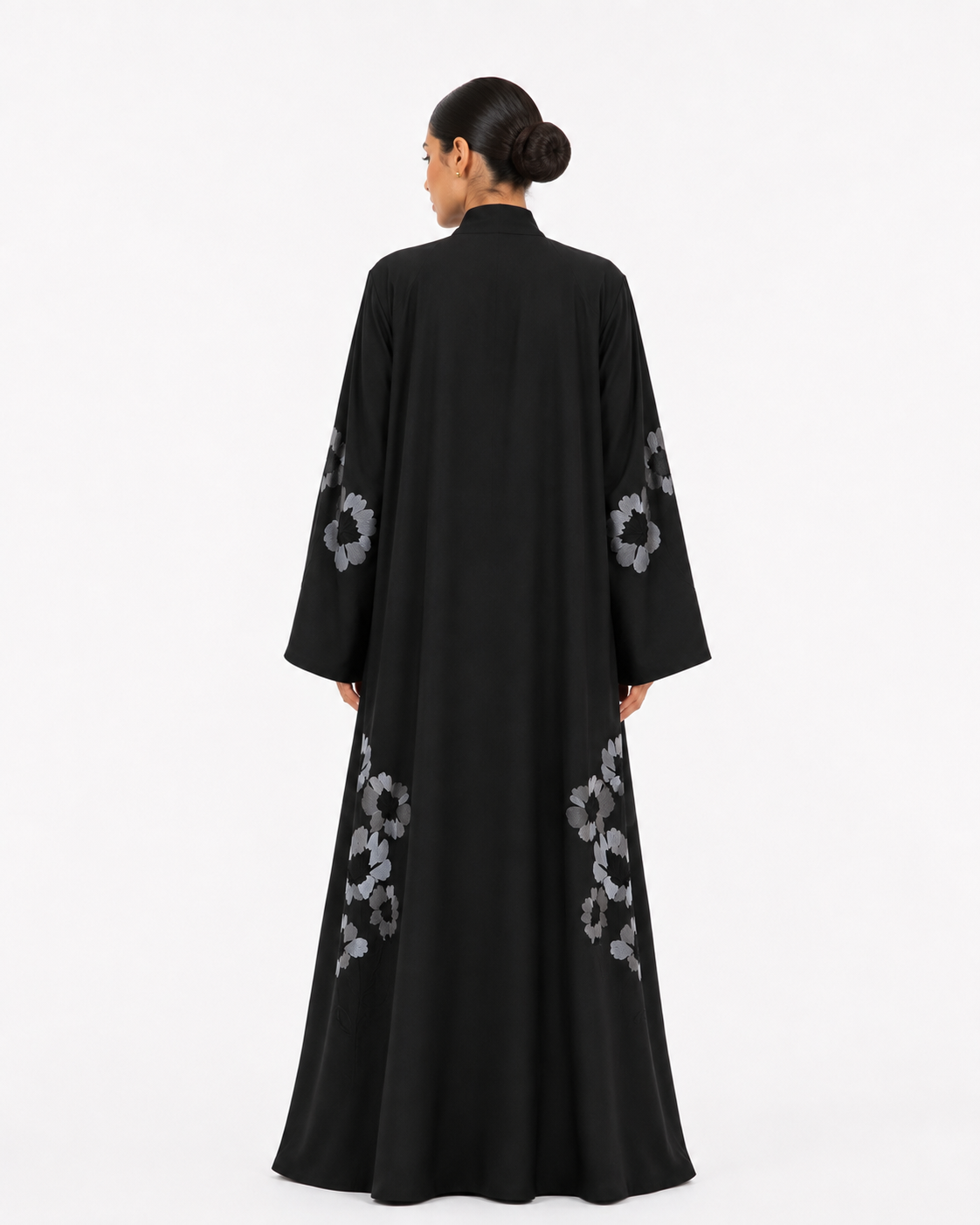 Wiam – Black Matte Satin Floral Embroidered Abaya | MANHAS