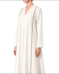 Nesma – Ivory & Black Indonesian Barbie Crepe Inward Pleat Abaya | MANHAS