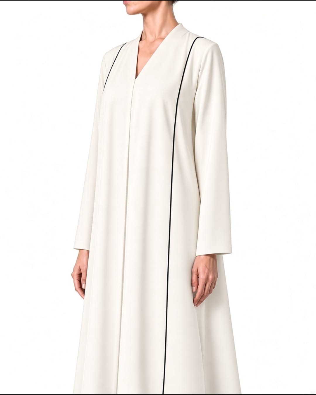 Nesma – Ivory & Black Indonesian Barbie Crepe Inward Pleat Abaya | MANHAS
