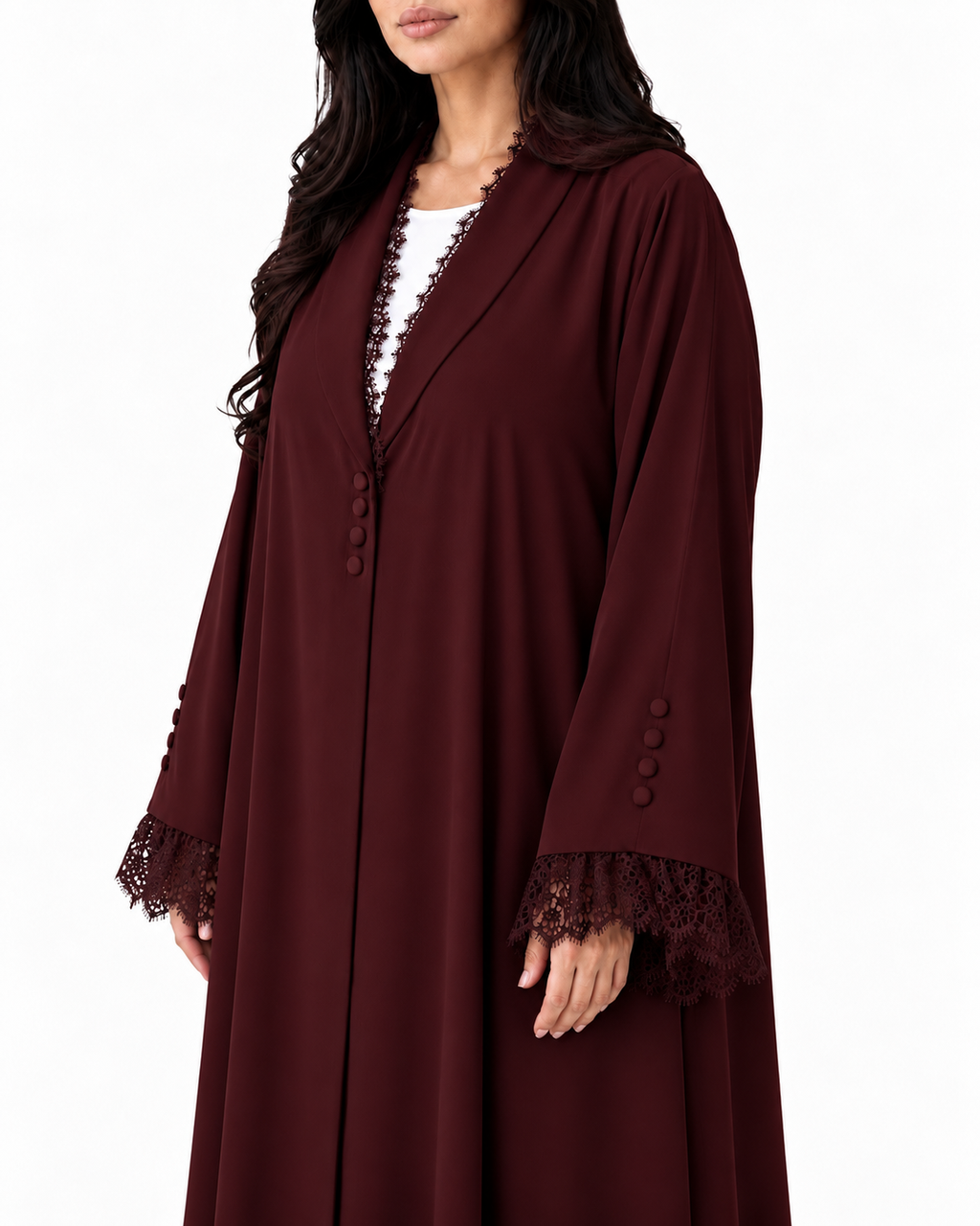 Jouri – Burgundy French Lace Collar Layan Crepe Abaya | MANHAS