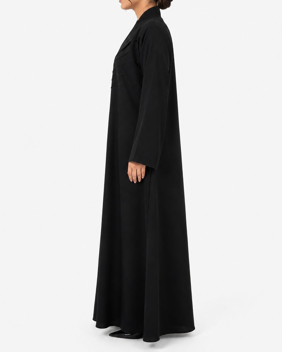 Ruwa – Jet Black Foa Crepe Chevron Pintuck Abaya | MANHAS