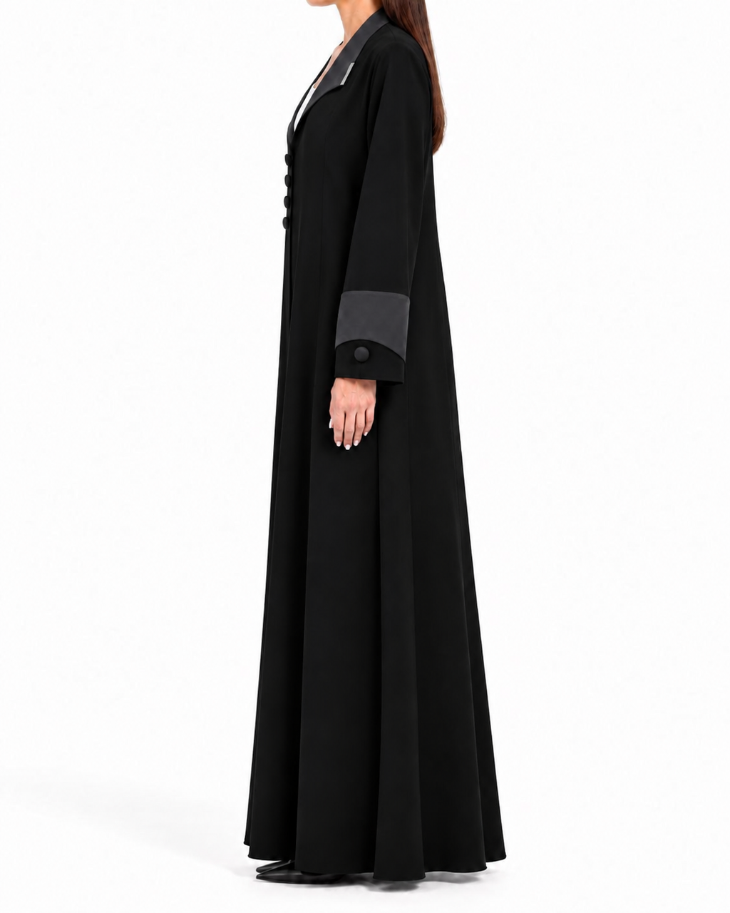 Laha – Black Korean Nada Satin Lapel Open Front Abaya | MANHAS