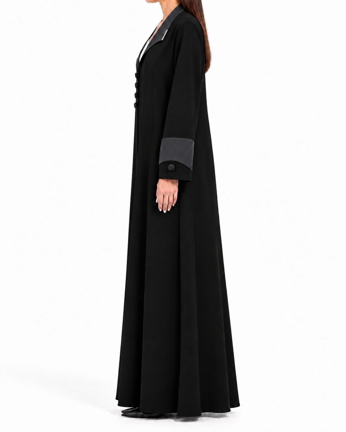 Laha – Black Korean Nada Satin Lapel Open Front Abaya | MANHAS