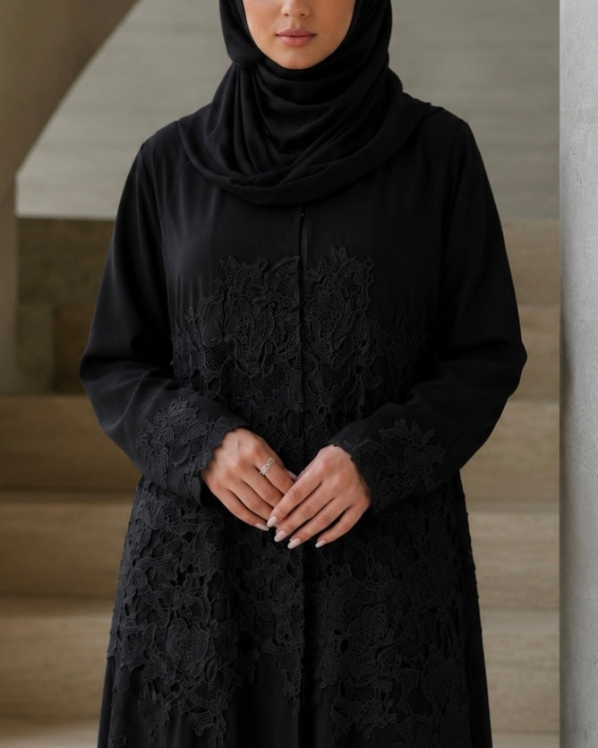 Rida – Jet Black Indonesian Crepe Dantel Lace Appliqué Abaya | MANHAS