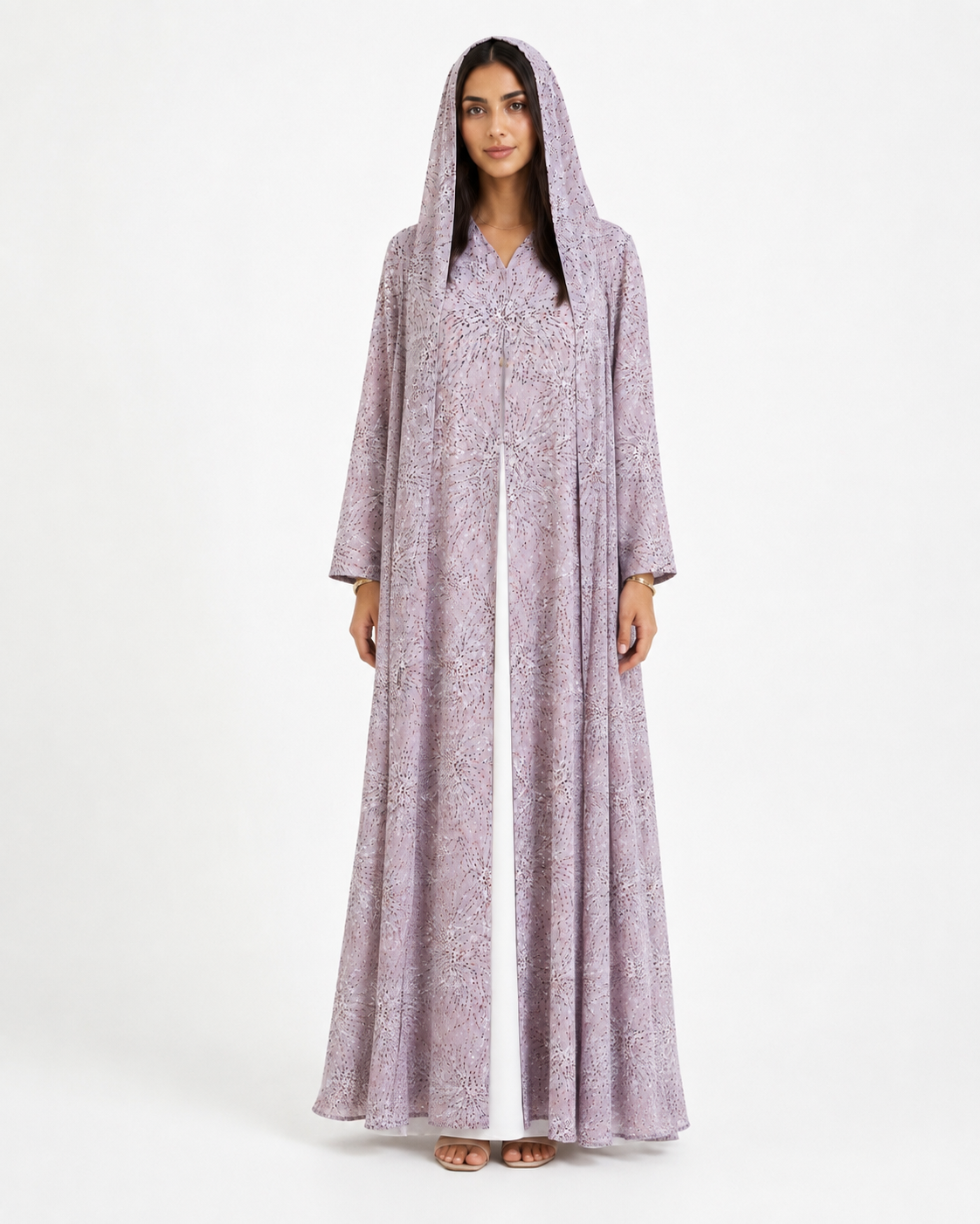 Aria – Baby Pink Printed Chiffon Straight Cut Abaya | MANHAS