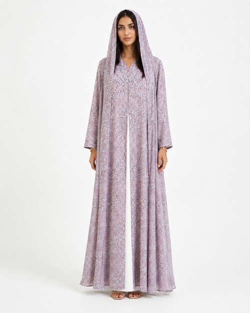 Aria – Baby Pink Printed Chiffon Straight Cut Abaya | MANHAS