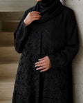 Rida – Jet Black Indonesian Crepe Dantel Lace Appliqué Abaya | MANHAS