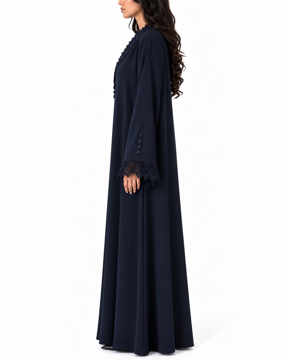 Jouri – Navy Blue French Lace  Collar Layan Crepe Abaya | MANHAS