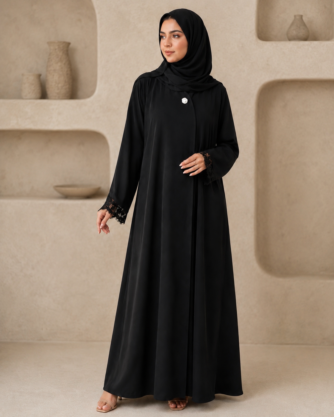 Kenza – Black Korean Nada Lace Cuff V-Neck Abaya | MANHAS