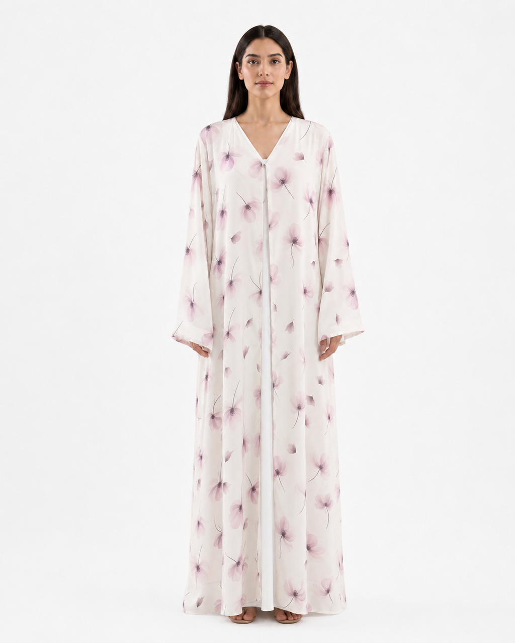 Celia – Off White Blush Floral Printed Chiffon Open Front Abaya | MANHAS