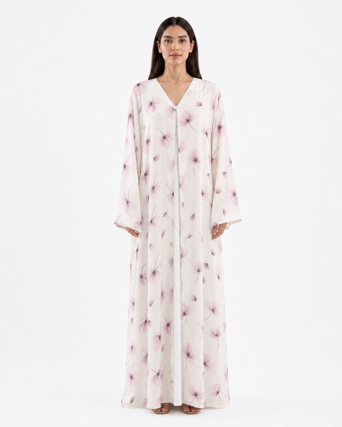 Celia – Off White Blush Floral Printed Chiffon Open Front Abaya | MANHAS