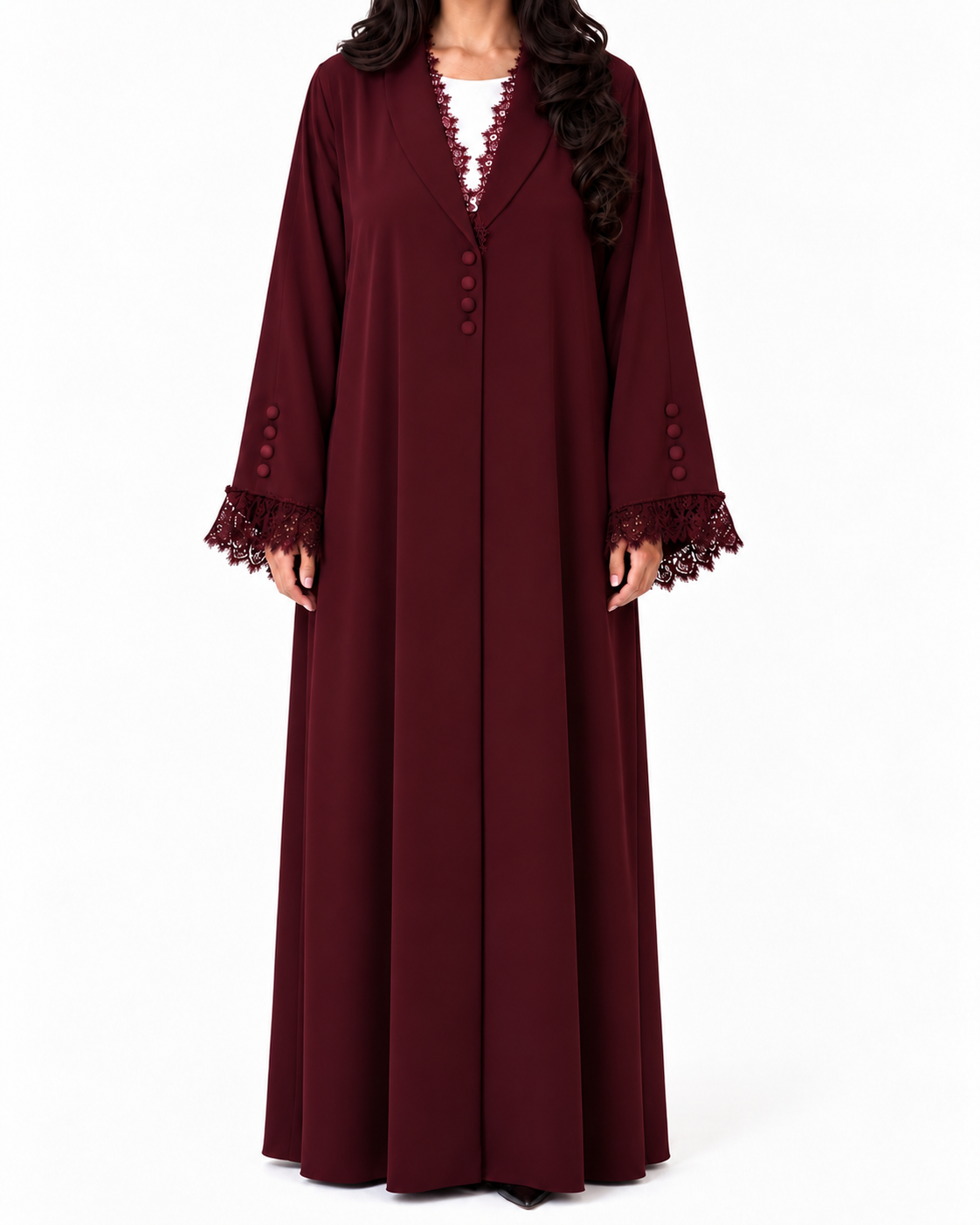 Jouri – Burgundy French Lace Collar Layan Crepe Abaya | MANHAS