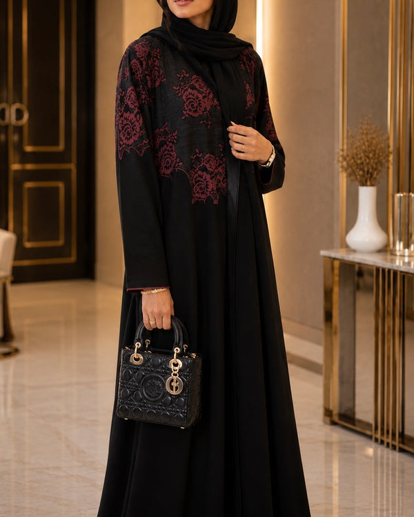Inara – Black Korean Crepe Straight Cut Embroidered Abaya | MANHAS