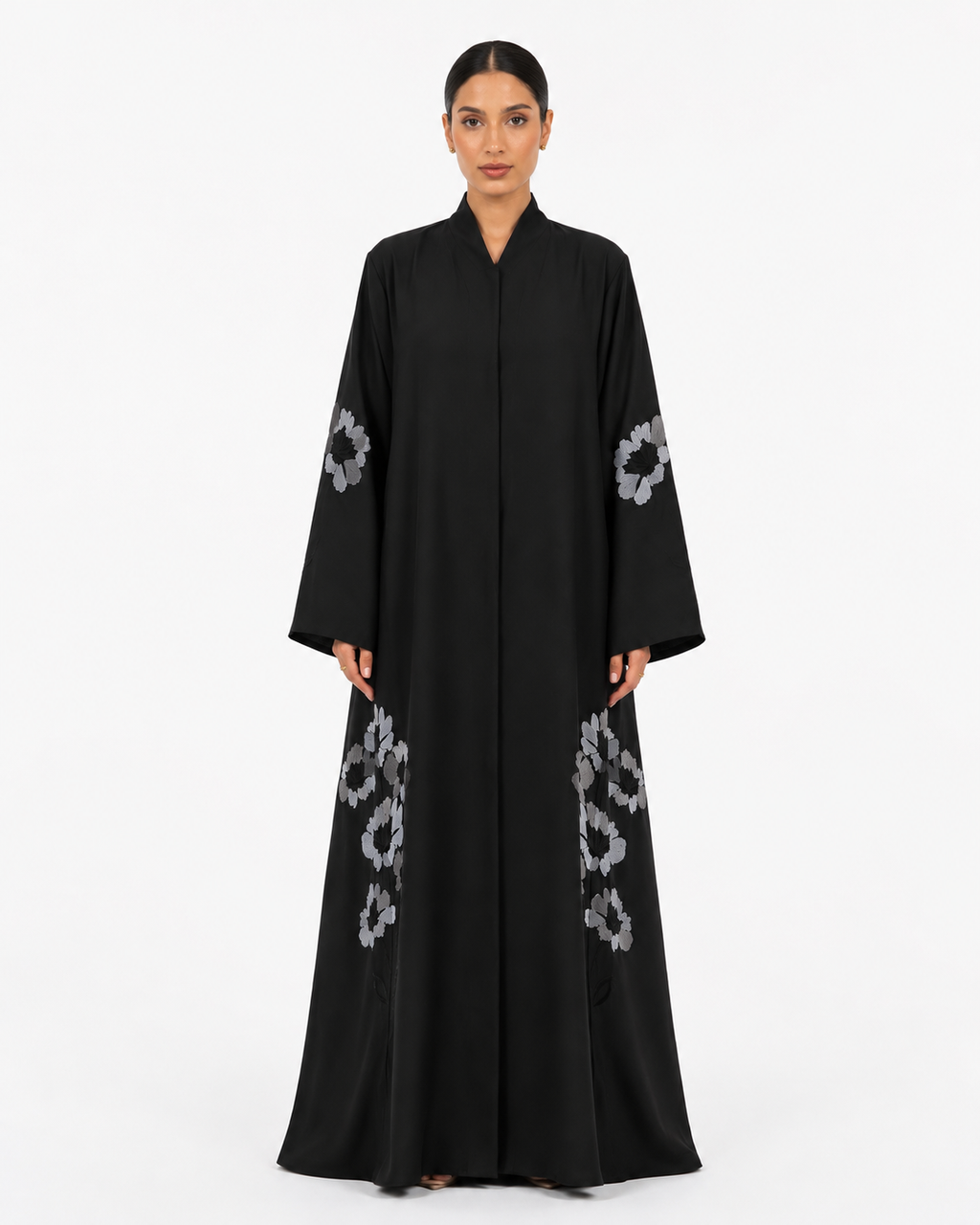 Wiam – Black Matte Satin Floral Embroidered Abaya | MANHAS