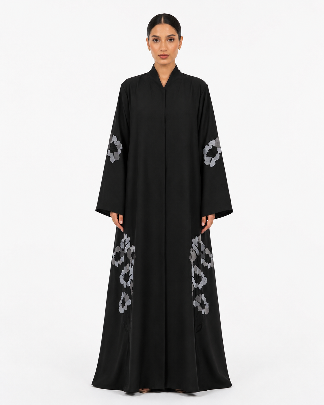 Wiam – Black Matte Satin Floral Embroidered Abaya | MANHAS