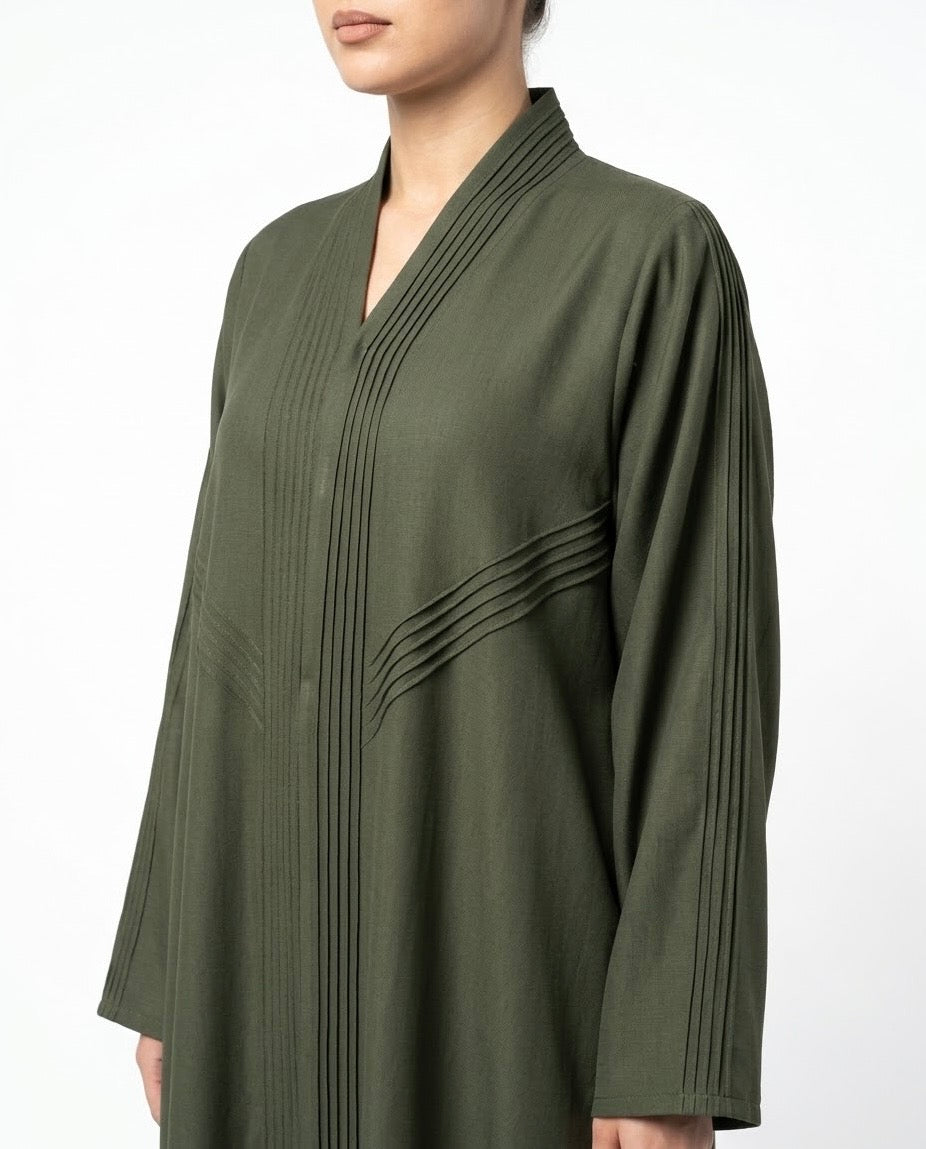 Areej – Olive Green Linen Crepe Straight Cut Abaya | MANHAS