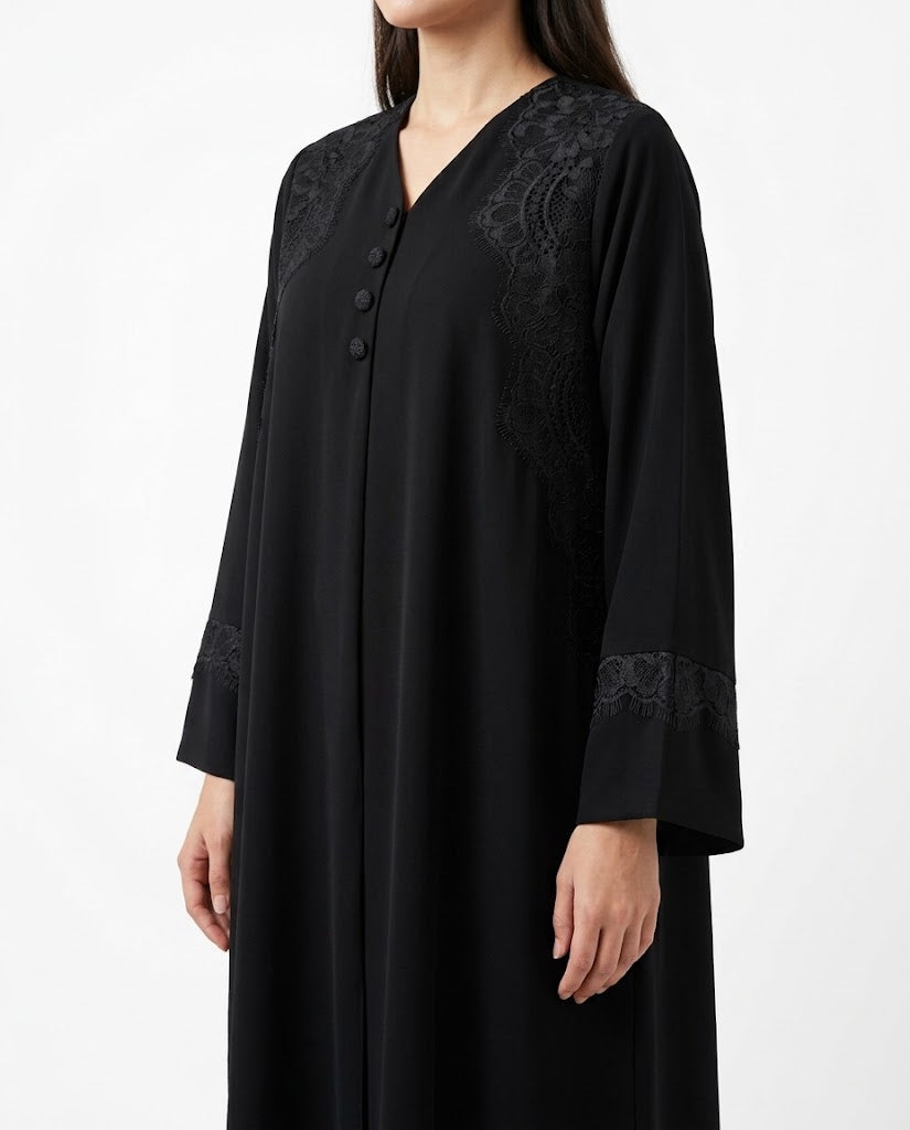 Mayar – Jet Black Korean Nada Lace Front & Cuff Straight Abaya | MANHAS