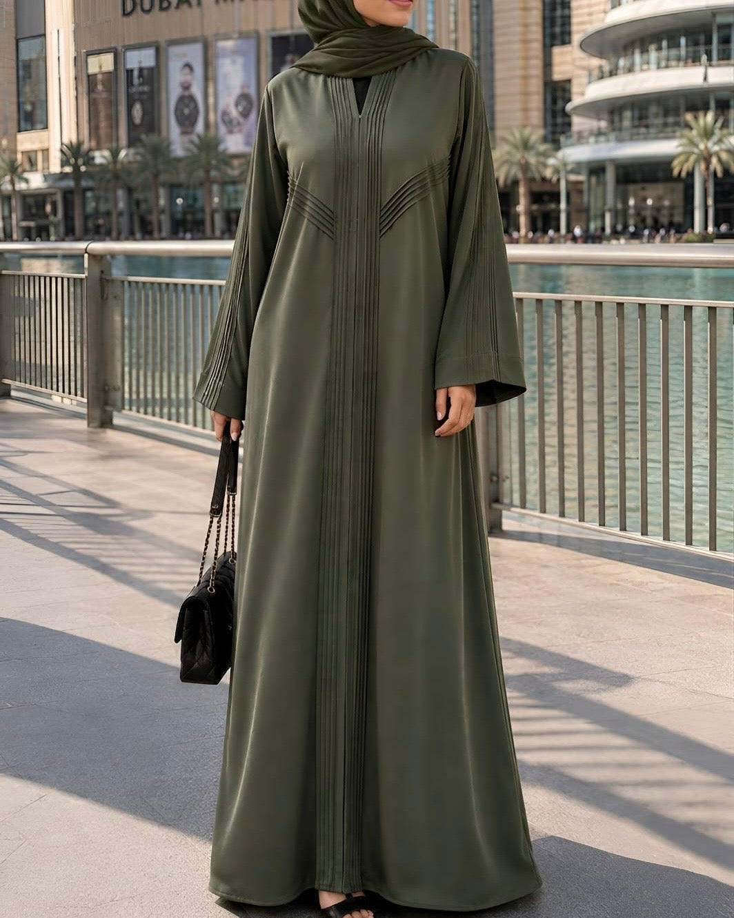 Areej – Olive Green Linen Crepe Straight Cut Abaya | MANHAS