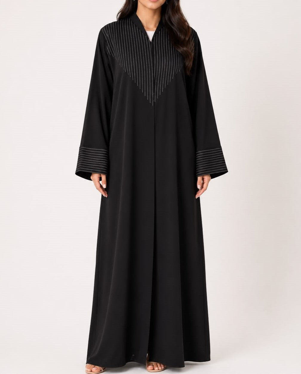 Rital – Black & Pinstripe V-Panel Foam Abaya | MANHAS