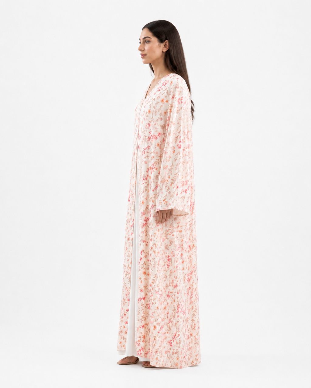 Zahra – Cream Floral Printed Chiffon Straight Cut Abaya | MANHAS