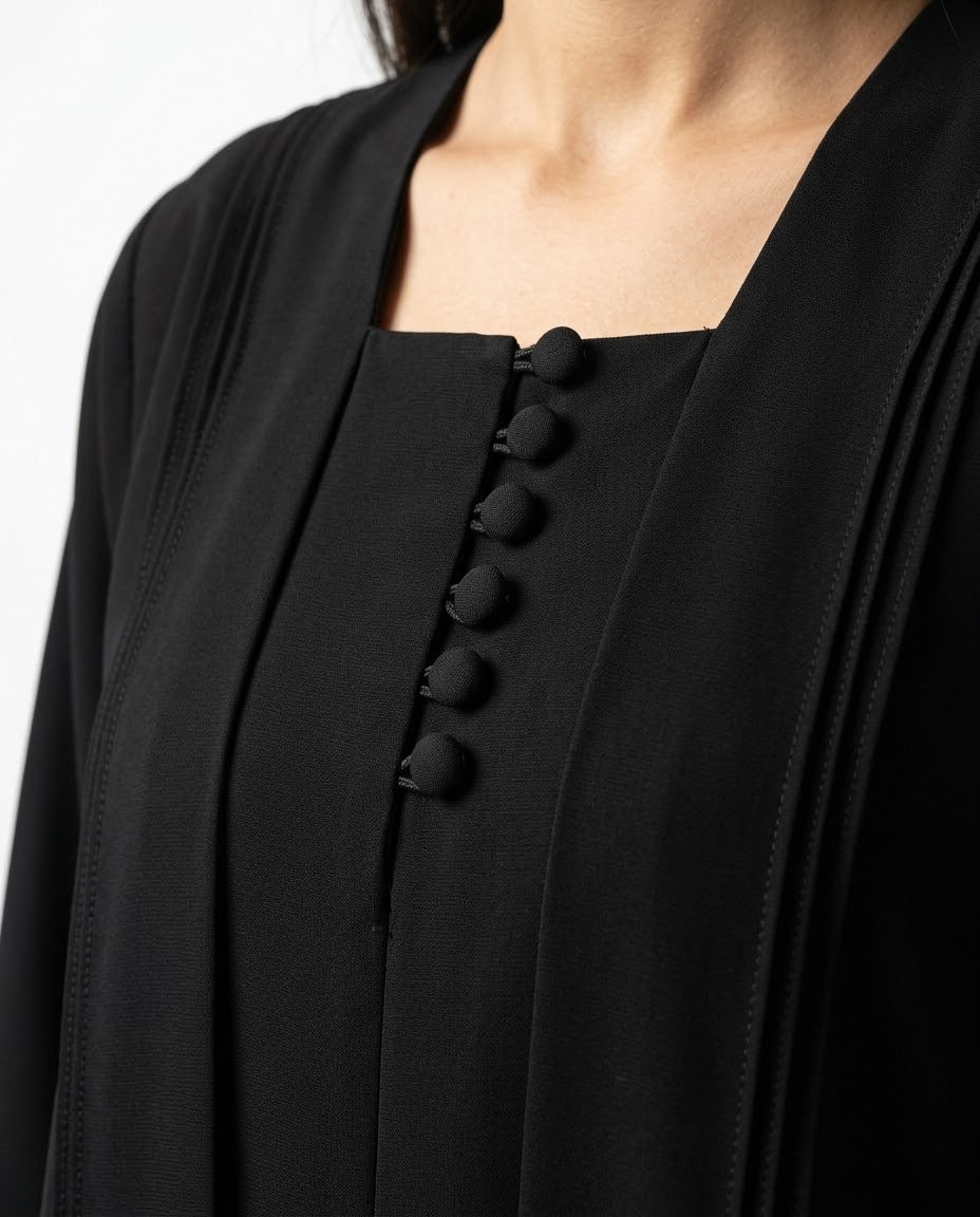 Hala – Jet Black Indonesian Soft Crepe Straight Cut Pintuck Abaya | MANHAS