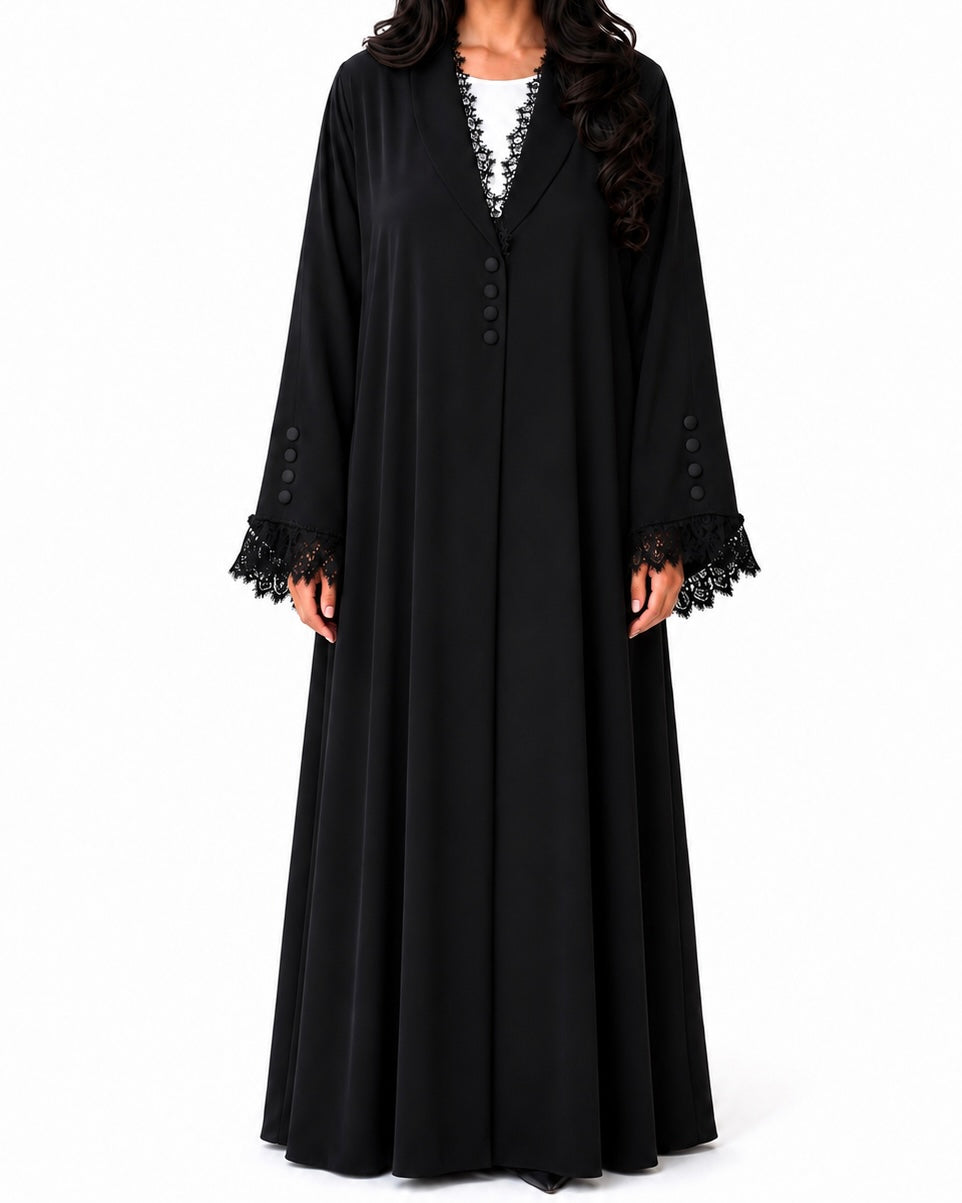 Jouri – Black French Lace Layan Collar Crepe Abaya | MANHAS
