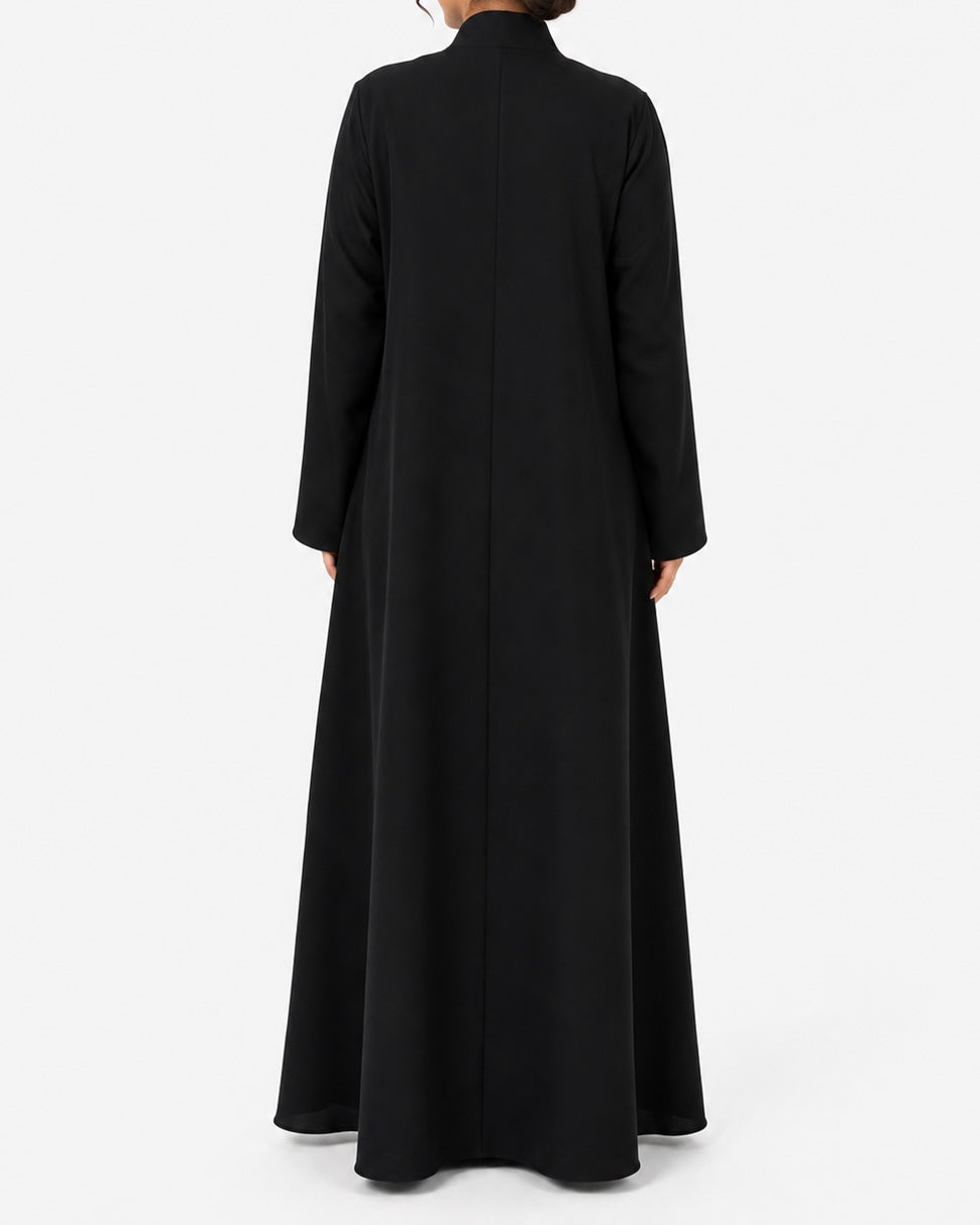 Ruwa – Jet Black Foa Crepe Chevron Pintuck Abaya | MANHAS