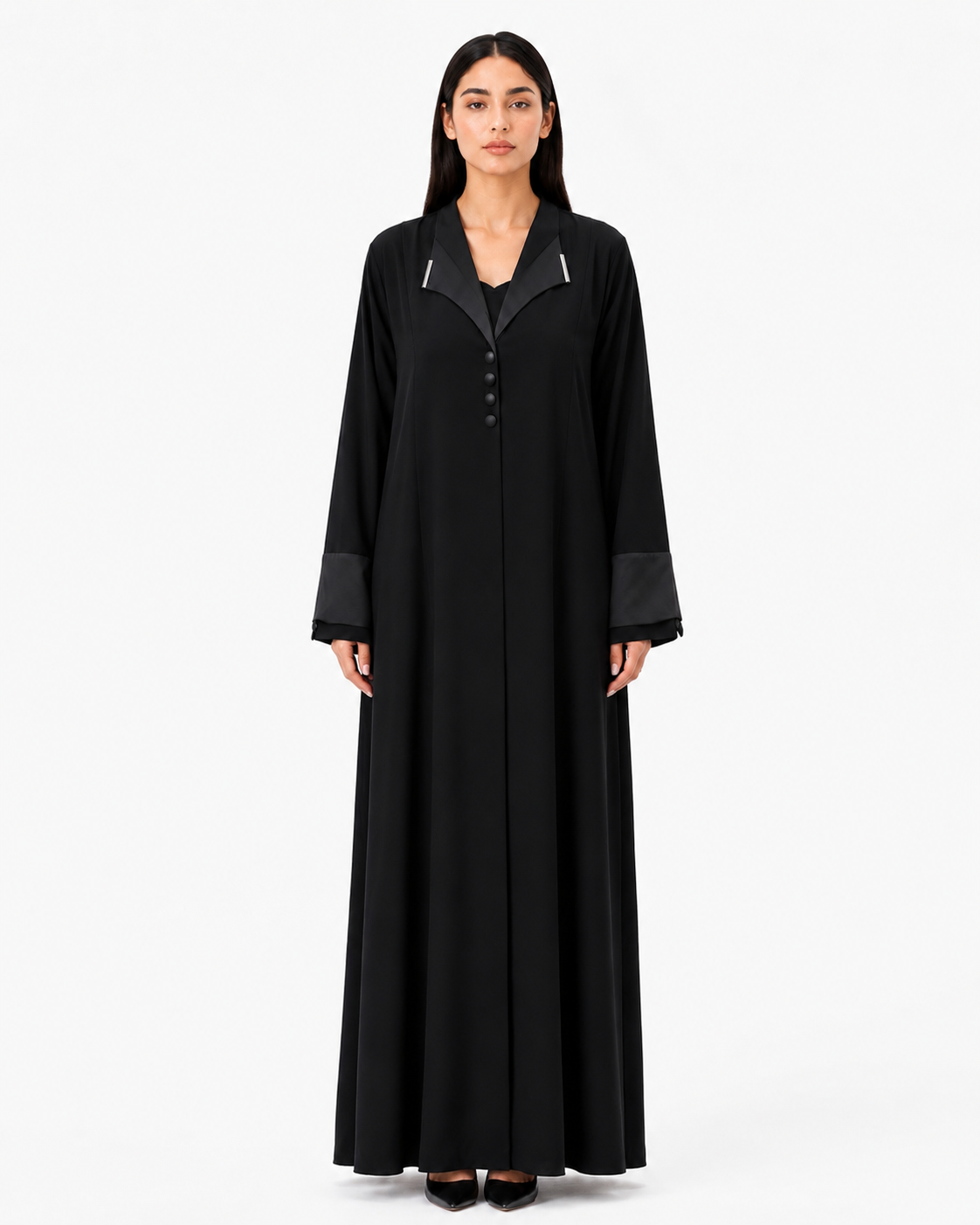 Laha – Black Korean Nada Satin Lapel Open Front Abaya | MANHAS