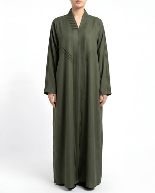 Areej – Olive Green Linen Crepe Straight Cut Abaya | MANHAS