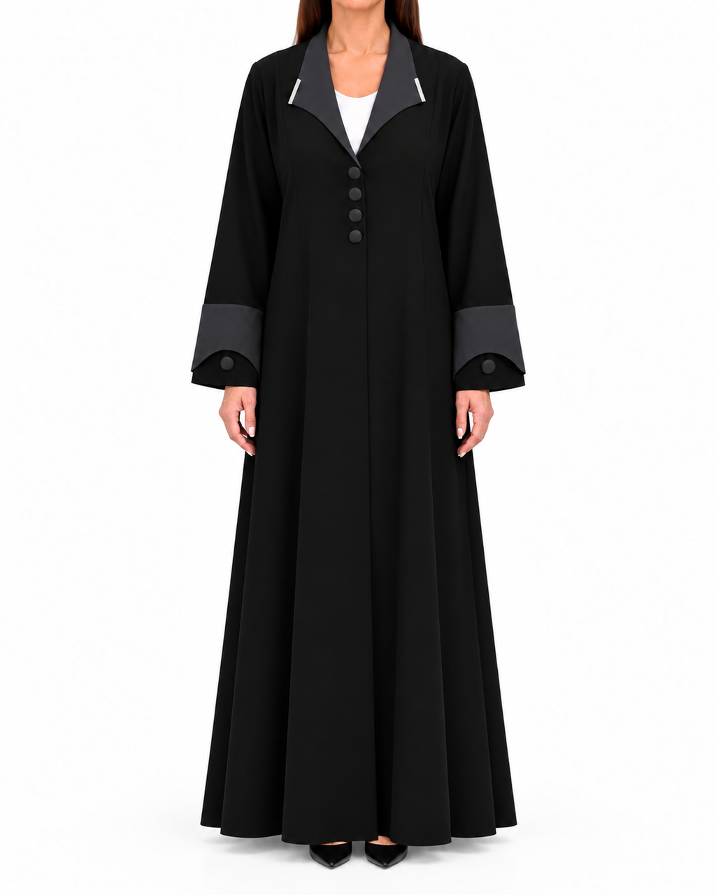 Laha – Black Korean Nada Satin Lapel Open Front Abaya | MANHAS