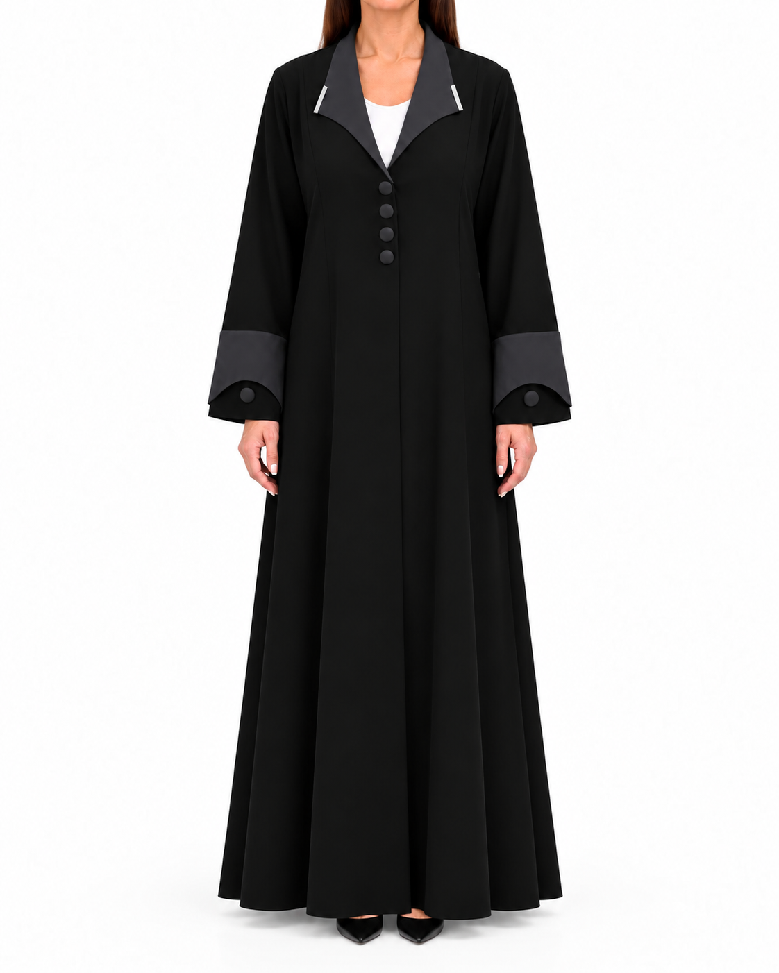 Laha – Black Korean Nada Satin Lapel Open Front Abaya | MANHAS