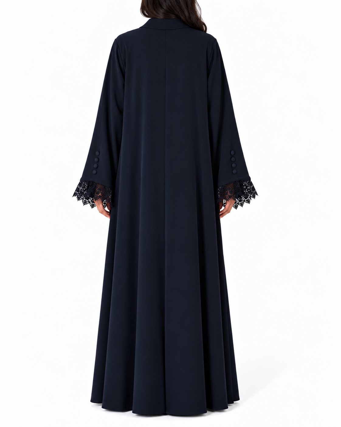 Jouri – Navy Blue French Lace  Collar Layan Crepe Abaya | MANHAS