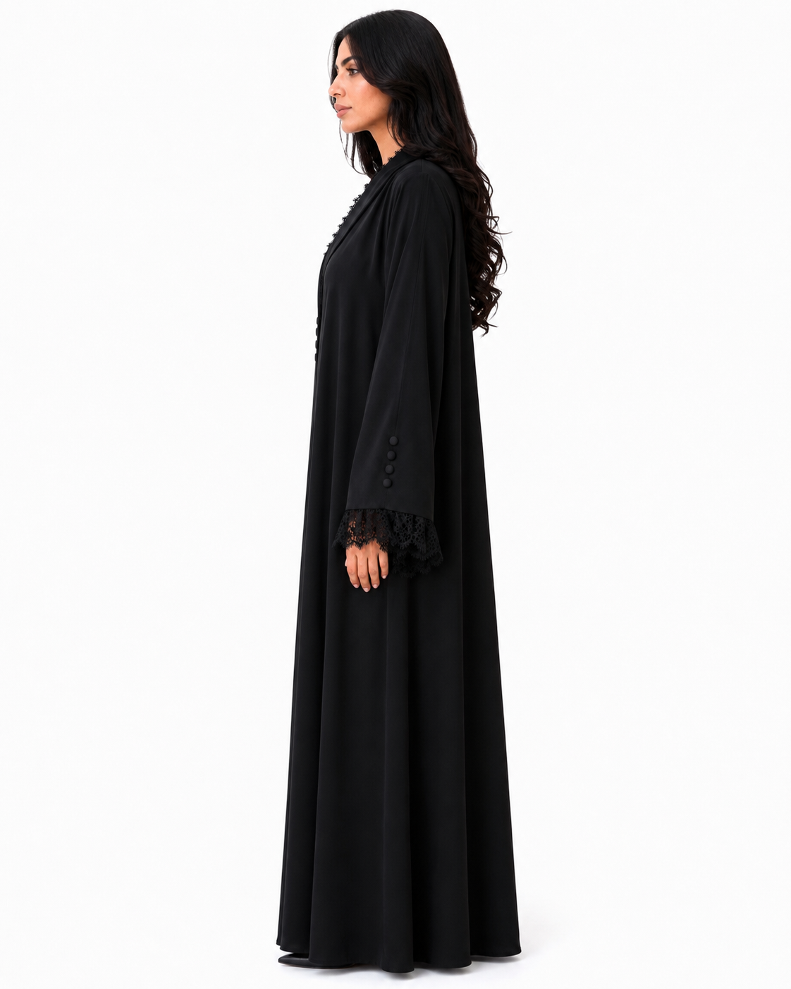 Jouri – Black French Lace Layan Collar Crepe Abaya | MANHAS
