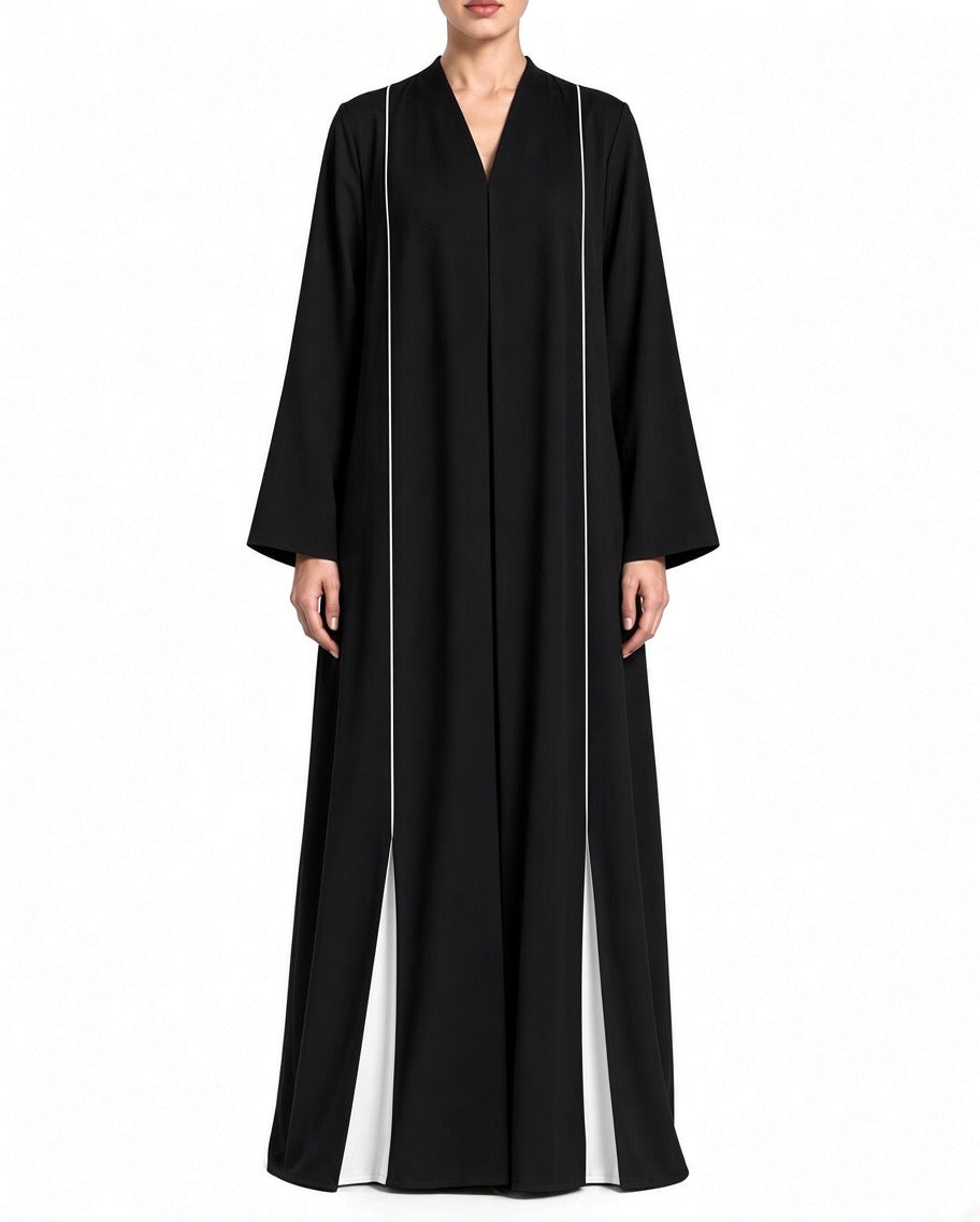 Nesma – Black & White Indonesian Barbie Crepe Inward Pleat Abaya | MANHAS