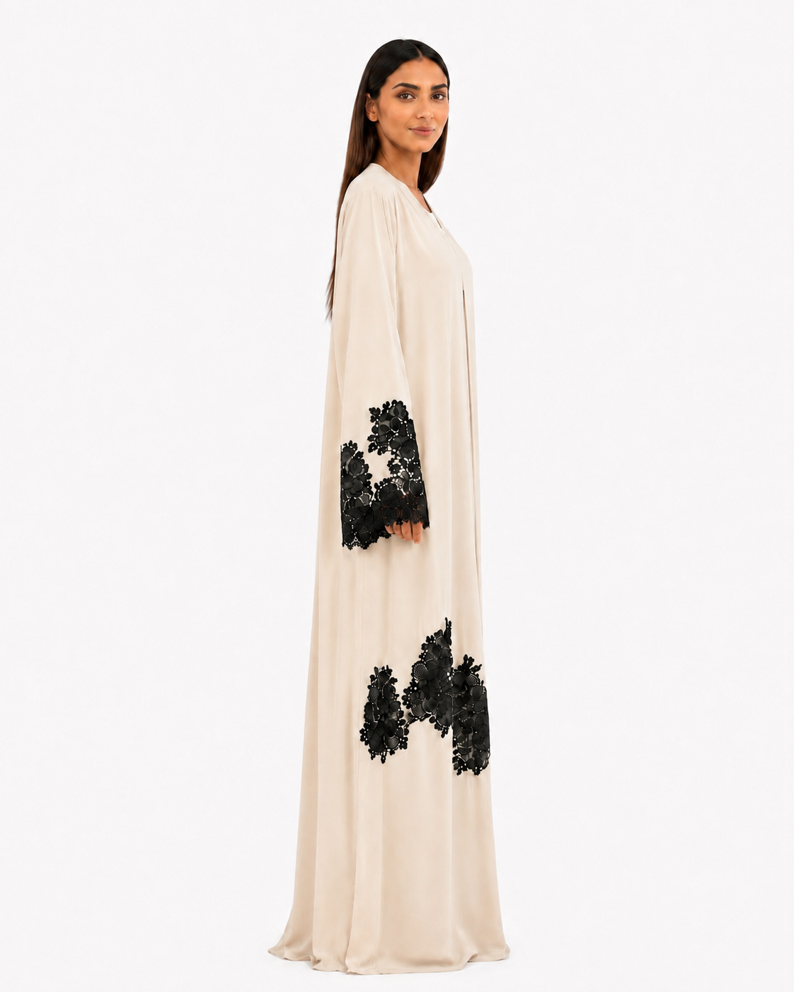 Rhea – Pastel Korean Nada Black Lace Cutout Straight Cut Abaya | MANHAS