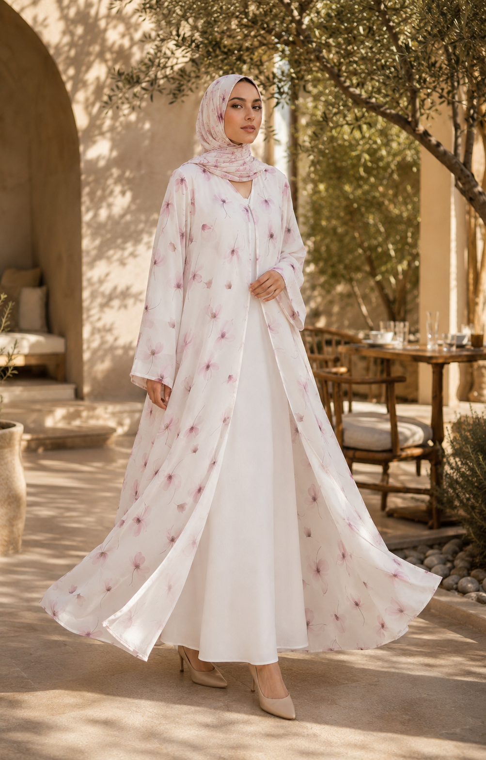 Celia – Off White Blush Floral Printed Chiffon Open Front Abaya | MANHAS