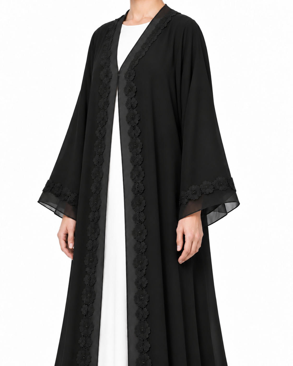 Anya – Double-Layer Chiffon Lace Organza Peeco Edge Abaya | MANHAS