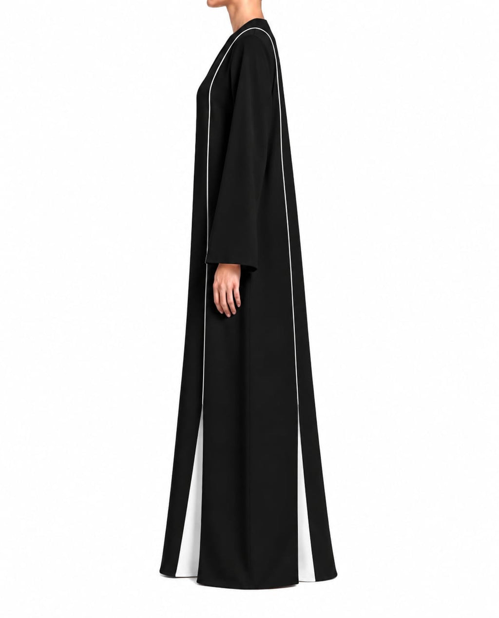 Nesma – Black & White Indonesian Barbie Crepe Inward Pleat Abaya | MANHAS