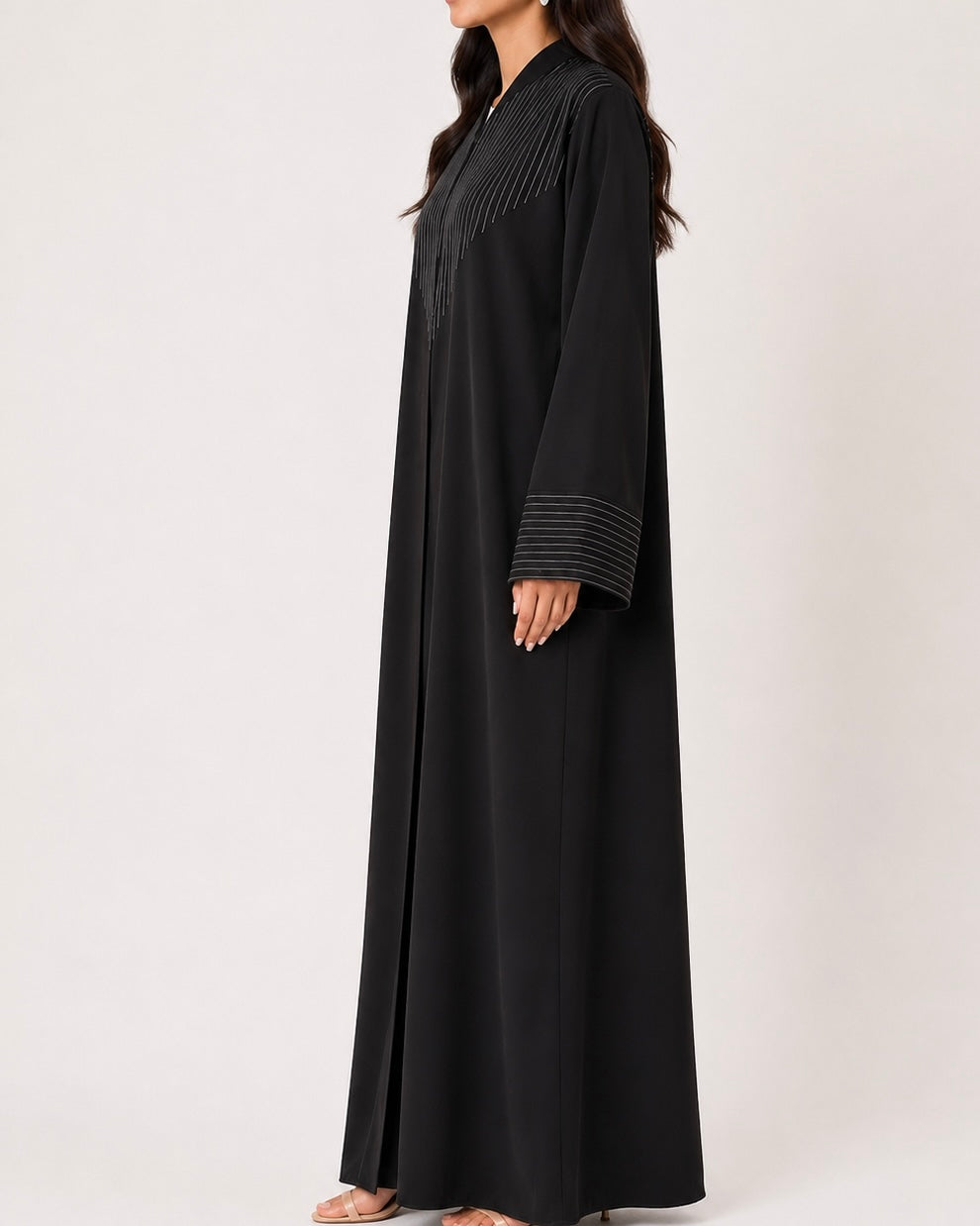 Rital – Black & Pinstripe V-Panel Foam Abaya | MANHAS