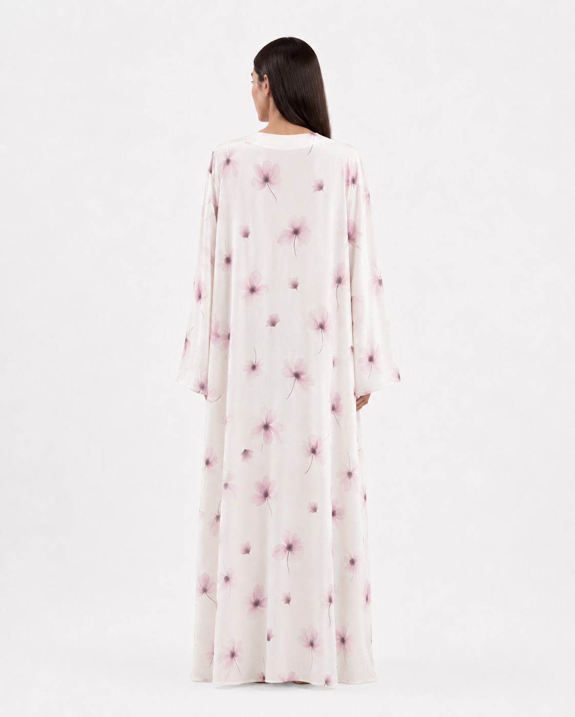 Celia – Off White Blush Floral Printed Chiffon Open Front Abaya | MANHAS