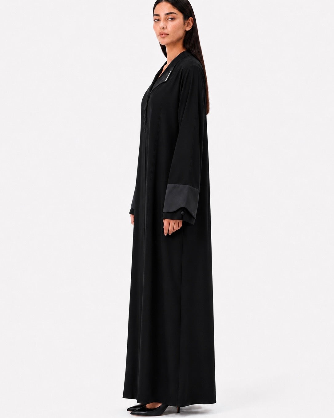 Laha – Black Korean Nada Satin Lapel Open Front Abaya | MANHAS