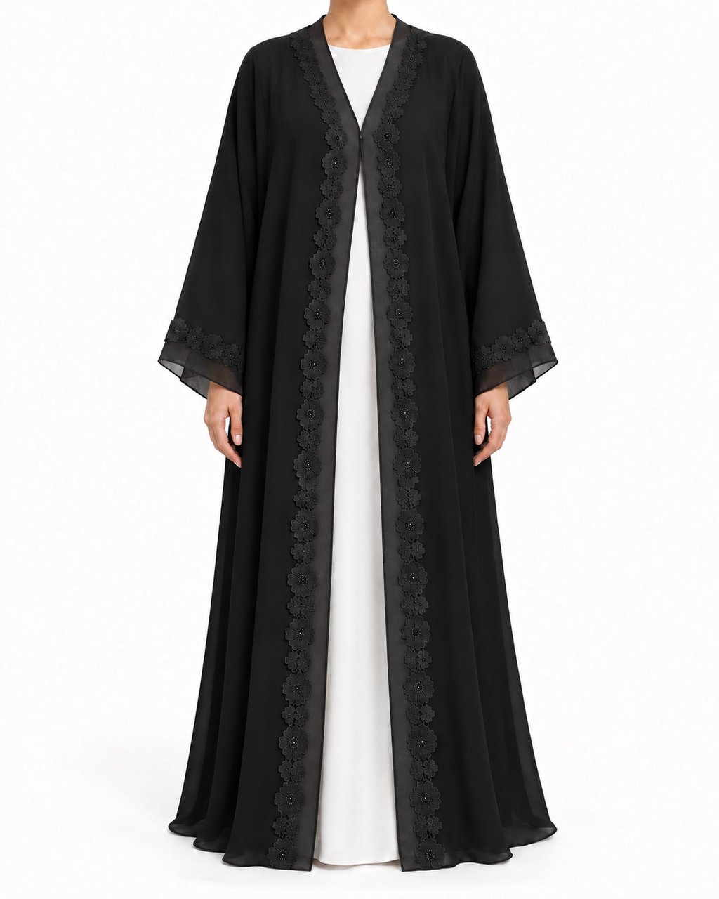 Anya – Double-Layer Chiffon Lace Organza Peeco Edge Abaya | MANHAS