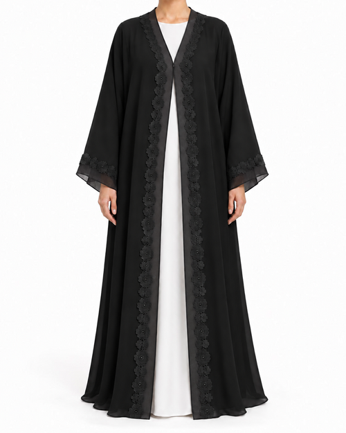 Anya – Double-Layer Chiffon Lace Organza Peeco Edge Abaya | MANHAS