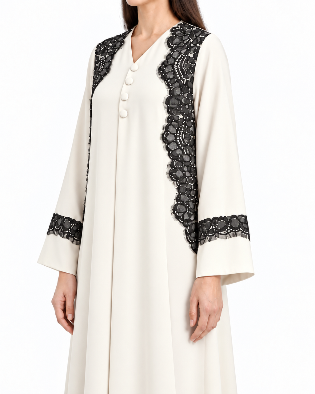 Mayar – White and Black Korean Nada Lace Front & Cuff Straight Abaya | MANHAS