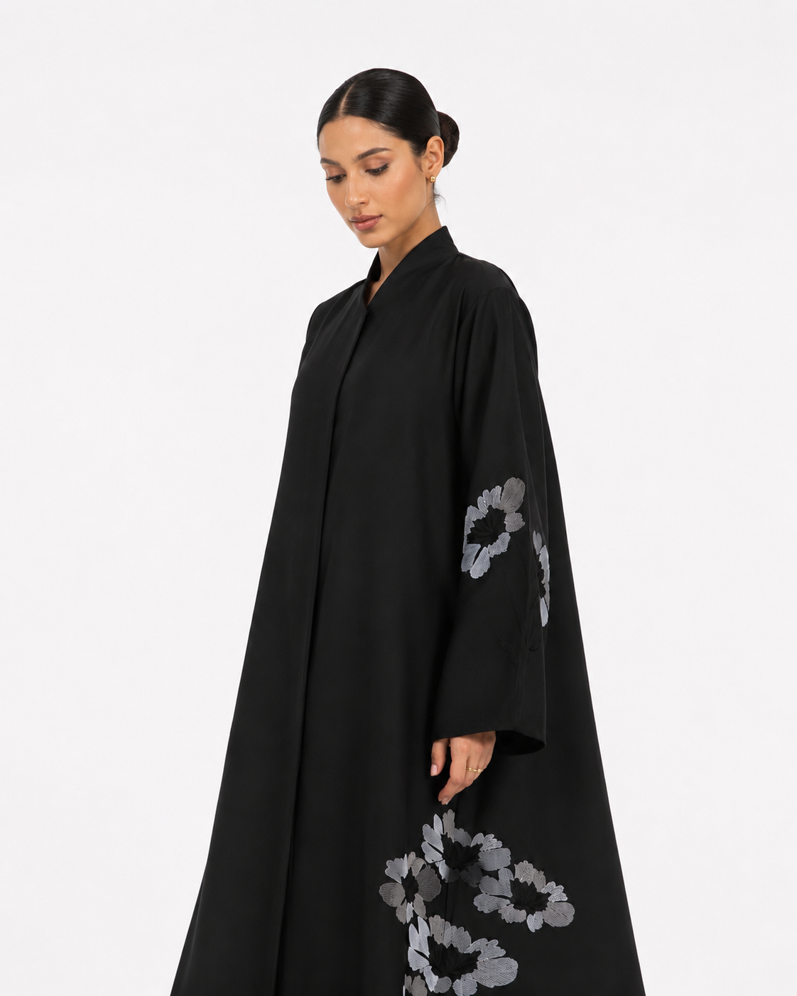Wiam – Black Matte Satin Floral Embroidered Abaya | MANHAS